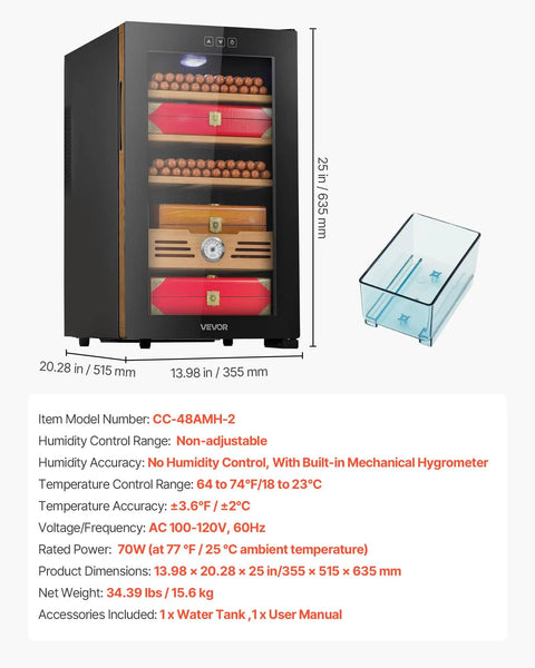 Front view of Electric Humidor For Home Use 48L Cigar Cabinet With Cooling Temperature Control 350 Count Capacity, Spanish cedar shelves visible.