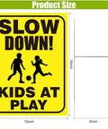 Slow Down Kids At Play Signs With Metal Stakes Four Pack 12 By 16 Inch Double Sided Caution Signs For Street Yard Lawn Or Neighborhoods Yellow Totally Great For Driveways Parks And Community Areas showing product size.