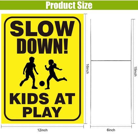 Slow Down Kids At Play Signs With Metal Stakes Four Pack 12 By 16 Inch Double Sided Caution Signs For Street Yard Lawn Or Neighborhoods Yellow Totally Great For Driveways Parks And Community Areas showing product size.