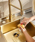 2.5 Inch Brushed Gold Stainless Steel Sink Top Air Switch Kit For Garbage Disposal On Off Button Fits 1.25 To 1.38 Inch Sink Holes Works With Most Disposals Under 2HP Durable Countertop Mount on brushed gold sink with potato peeler