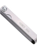 Front view of folding stainless steel 32-blade feeler gauge in a compact pocket case; metric and imperial markings