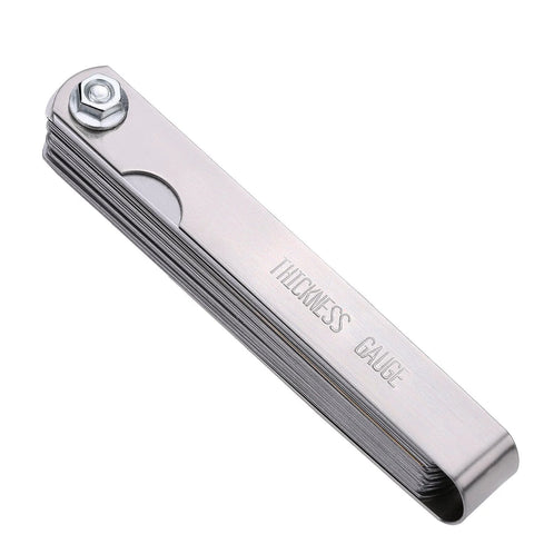 Front view of folding stainless steel 32-blade feeler gauge in a compact pocket case; metric and imperial markings