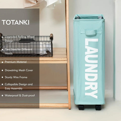 Slim Rolling Laundry Basket On Wheels With Handle, Foldable Collapsible Sorter And Organizer, tall narrow storage bin in light blue