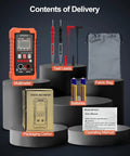 Contents of delivery for Must Have All In One Digital Multimeter Volt Meter TRMS 4000 Counts with accessories and packaging.