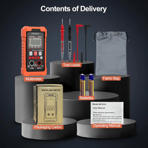 Contents of delivery for Must Have All In One Digital Multimeter Volt Meter TRMS 4000 Counts with accessories and packaging.