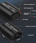 Heavy Duty 400W Power Inverter Transforms 12V DC To 110V AC With Dual Outlets And PD 65W USB C Plus QC 18W Port black with LED indicator, dual AC ports.