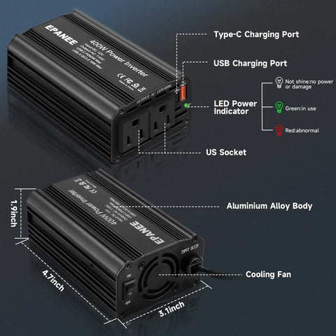 Heavy Duty 400W Power Inverter Transforms 12V DC To 110V AC With Dual Outlets And PD 65W USB C Plus QC 18W Port black with LED indicator, dual AC ports.