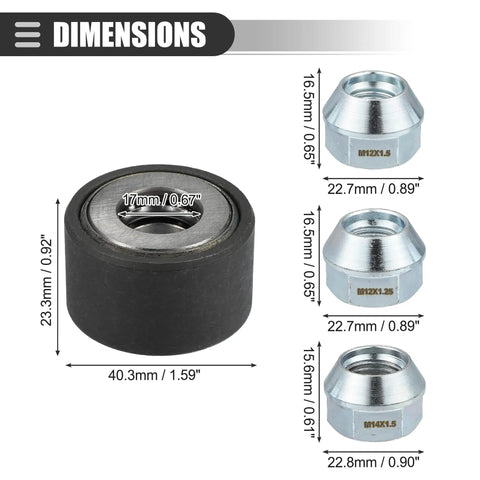 Dimensions of Universal Wheel Stud Installer Tool for Cars and Light Trucks; includes M12x1.25, M12x1.5, M14x1.5 lug nuts.