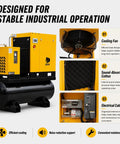Workhorse Pro Grade Variable Frequency Drive Rotary Screw Air Compressor System With 39 CFM At 125 PSI, 80 Gallon ASME Tank, Refrigerated Dryer, 10HP 7.5KW, Single Or Three Phase 208-230V Industrial Base, yellow unit