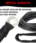 Beefed-Up Heavy-Duty Synthetic Winch Rope 50 Ft Quarter Inch, 10,000 Lb Load Rating, black rope with thimble and sleeve