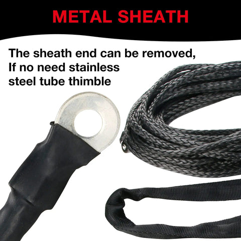 Beefed-Up Heavy-Duty Synthetic Winch Rope 50 Ft Quarter Inch, 10,000 Lb Load Rating, black rope with thimble and sleeve