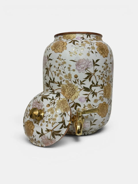 White Enamel Copper Water Dispenser With Lid And Tap, Handmade Indian Pot For Drinking Water Storage, floral design