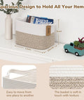 Cotton Rope Storage Basket With Handles For Toys Books And More, Label Ready Bin, 13 by 10 by 9 inches in use on a shelf with books.