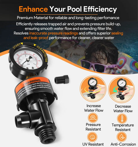 Manual air-relief valve with built-in pressure gauge; top-mount, black high-flow for pool and spa filters