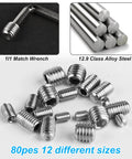 80 Piece Hex Set Screws Kit For Home DIY And Furniture Repair, Grub Screws M3 To M8 In Stainless Steel, visible screws and wrench