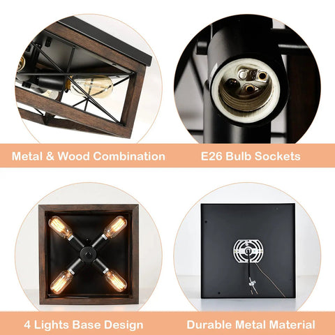 4-Light Farmhouse Flush Mount Ceiling Light With Black Rustic Finish, Wood Accents, E26 Base, Industrial Vintage Ceiling Fixture For Hallway, Entryway, Laundry, Kitchen And Bedroom Perfect For Hallways, Foyers And Other Living Areas For A Retro Vibe