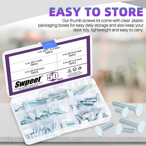 50Pcs Thumb Screw Assortment Kit, 1/4-20 Thread, Fully Threaded Galvanized Carbon Steel, Handy Five Lengths From 1/2 In To 1-1/2 In box open