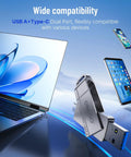 Ultra Fast Dual USB C USB A Flash Drive 128GB with Five Hundred Fifty Megabytes Per Second Transfer shown with devices