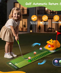 Child playing on an Indoor Putting Green With Automatic Ball Return For Kids Plus Toddler Golf Clubs Light Up Balls Party Game
