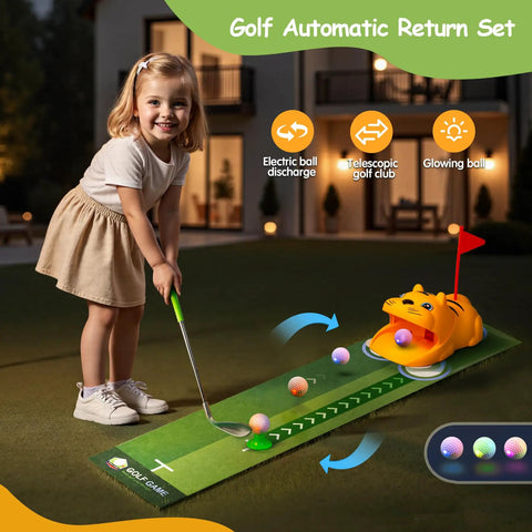 Child playing on an Indoor Putting Green With Automatic Ball Return For Kids Plus Toddler Golf Clubs Light Up Balls Party Game