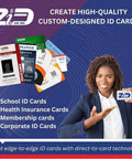 Top Shelf Dual Sided Badge Printer With Complete Supplies Package And Dead Simple Software For School Ids And Corporate Access Cards Slick Desktop High Definition Printing with various ID card examples.