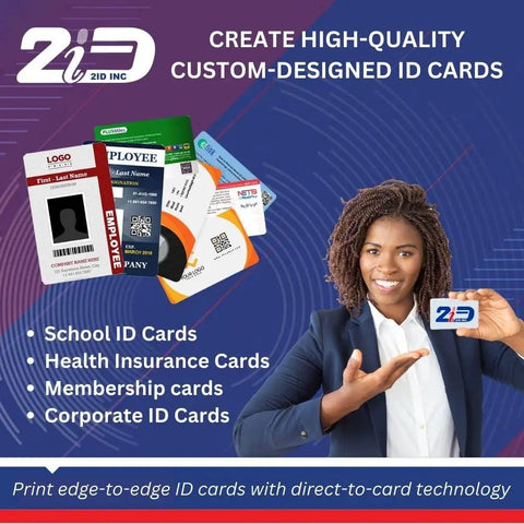 Top Shelf Dual Sided Badge Printer With Complete Supplies Package And Dead Simple Software For School Ids And Corporate Access Cards Slick Desktop High Definition Printing with various ID card examples.