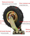 Close-up of Heavy Duty 10 Inch Caster Set Of 4, Industrial Pneumatic Swivel Wheels with durable rubber tire and sturdy metal bracket.