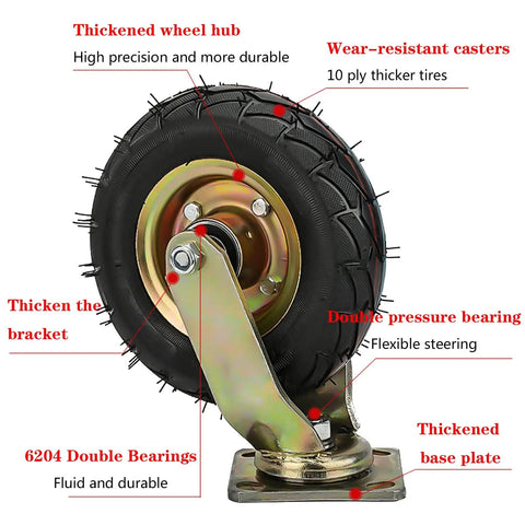 Close-up of Heavy Duty 10 Inch Caster Set Of 4, Industrial Pneumatic Swivel Wheels with durable rubber tire and sturdy metal bracket.