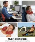 U Shape Memory Foam Travel Pillow With Red Wood Grain Finish For Airplane Rides Car Trips Office Or Home Ergonomic Neck Support Portable Comfy Rest For A Restful Sleep Anywhere used in multiple scenarios including office chair, airplane seat, bed, and camping.