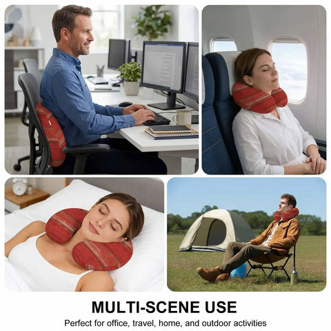 U Shape Memory Foam Travel Pillow With Red Wood Grain Finish For Airplane Rides Car Trips Office Or Home Ergonomic Neck Support Portable Comfy Rest For A Restful Sleep Anywhere used in multiple scenarios including office chair, airplane seat, bed, and camping.