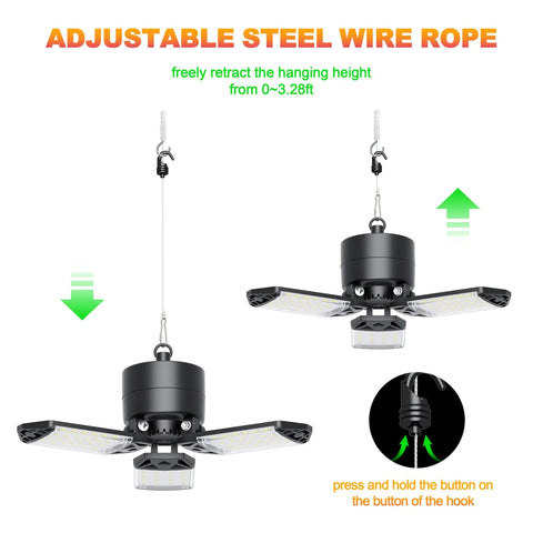 Adjustable steel wire rope on 80W LED Garage Light Plug In 2 Pack 8000LM Ceiling Shop Lights With Deformable Panels