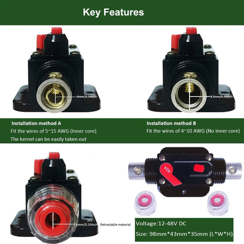 50 Amp Manual Reset Waterproof Inline Circuit Breaker For Cars ATVs Boats And Marine Trolling Motors with mounting diagram