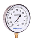 Beefy Stainless Steel Case Contractor Pressure Gauge 0 To 100 PSI With Four And A Half Inch Dial One Percent Accuracy One Quarter Inch NPT Lower Mount