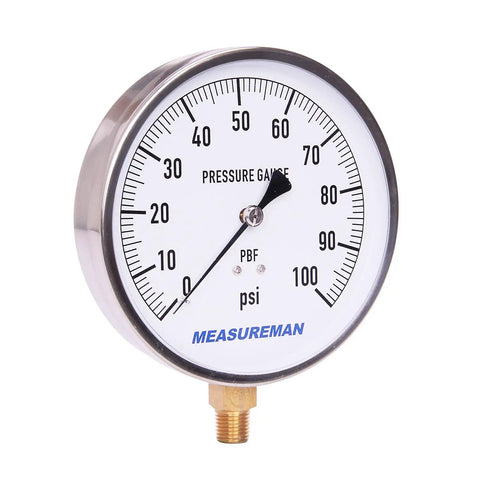 Beefy Stainless Steel Case Contractor Pressure Gauge 0 To 100 PSI With Four And A Half Inch Dial One Percent Accuracy One Quarter Inch NPT Lower Mount
