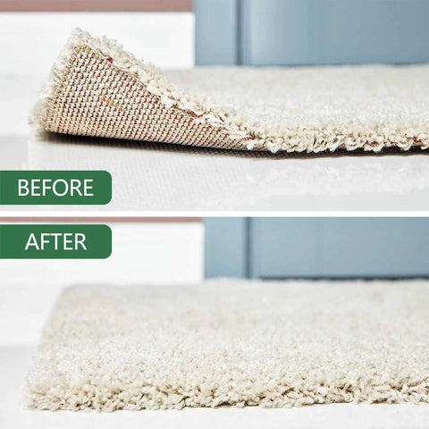 Before and after using Double Sided Non Slip Rug Tape Set 16 Pieces Reusable And Washable Keeps Rugs Flat On Hardwood Tile Carpets Mats