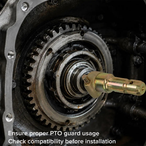 Detailed view of a PTO shaft connector showing heavy duty gutsy PTO shaft extender for tractor one three eight inch six spline male to female connection.