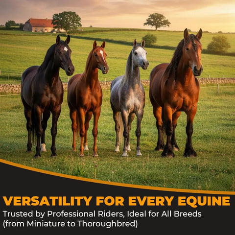 Four horses of various breeds standing in a sunny field, showcasing their muscular build and coat diversity.