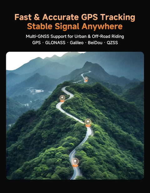 Curvy mountain road illustrating GPS tracking capabilities of BiNavi Air Bike Computer With 3.0 Inch Touchscreen Display, Maps And Voice Navigation, Reroute On The Fly, Climb Data And Wireless GPS, Rain Ready, No Fuss Controls For Simple, Real World Cycling Stats And Navigation On The Go.
