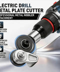 Upgraded Electric Drill Plate Cutter With Dual-Wheel Metal Nibbler System For Aluminum Steel Copper attachment close-up view.