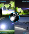 Rechargeable Headlamp for Adults With 100000 Lumens XHP99 Bright LED Headlight showing four light modes outdoors