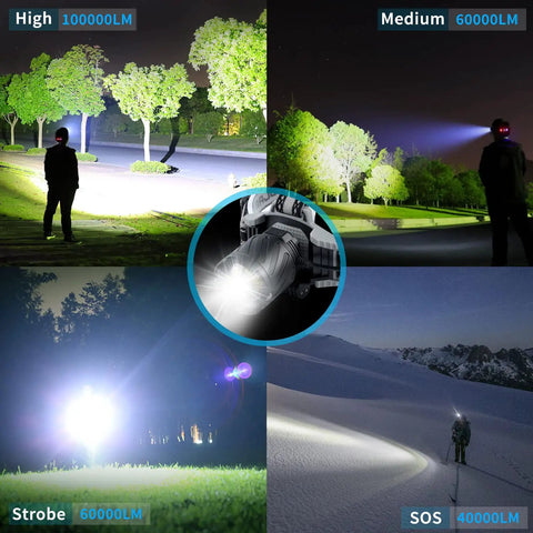 Rechargeable Headlamp for Adults With 100000 Lumens XHP99 Bright LED Headlight showing four light modes outdoors