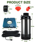 Product size diagram of Beefy High Flow Pond Fountain Aerator Pump For Outdoor Ponds And Lakes 110V 1HP with stainless steel body and cord.