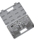 Brilluxa 40Pc Heavy Duty Tap And Die Set With M3 To M12 Alloy Steel Threading Tools For Cutting UNC UNF NPT Threads On Bolts Screws And Fasteners Repairing Damaged Metal Parts Like A Boss In Your Garage Or Professional Shop. gray case with M3 to M12 taps, dies and handles