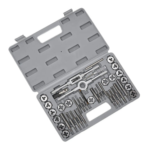 Brilluxa 40Pc Heavy Duty Tap And Die Set With M3 To M12 Alloy Steel Threading Tools For Cutting UNC UNF NPT Threads On Bolts Screws And Fasteners Repairing Damaged Metal Parts Like A Boss In Your Garage Or Professional Shop. gray case with M3 to M12 taps, dies and handles