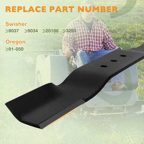 Lawn Mower Blade Set For 60 Inch Finish Cut Mowers Replacement 9037 Blades with a background of a person on a riding mower