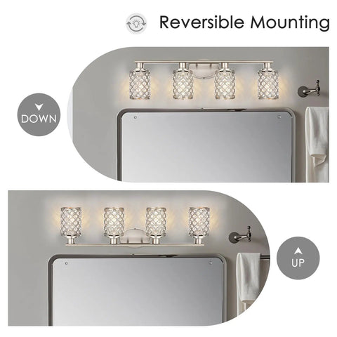 4 Light Vanity Light Fixture in Brushed Nickel With Crystal Shade, Modern Farmhouse Style Over Mirror, reversible mounting shown
