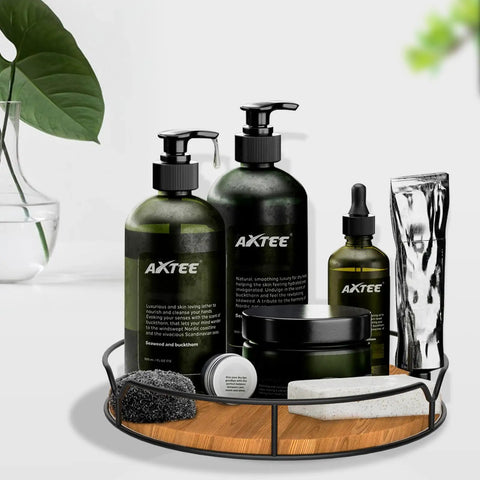9 Inch Lazy Susan Turntable Organizer in Carbonized Black Pine Wood Finish displaying skincare products.