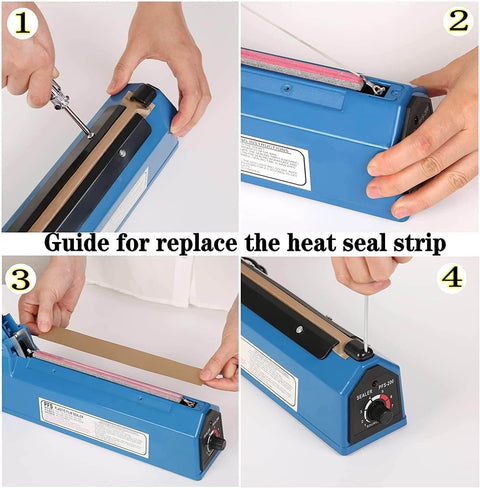 Step-by-step guide for replacing heat seal strip on a 12-inch impulse sealer using Six Pack Impulse Sealer Replacement Parts Set.