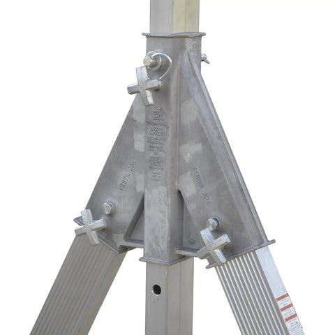 Heavy Duty Welded Aluminum Adjustable Height Gantry Crane With Greased Up Glass Filled Nylon Swivel Casters Set To Eight Feet Wide And Twelve Feet Tall For Serious Two Thousand Pound Shop Hustle base detail showing support structure and fittings.