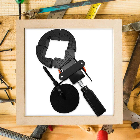 Right Angle Woodworking Clamp With Strong Clamping Power Precise Positioning Frame Holder for Picture Frames on wood background